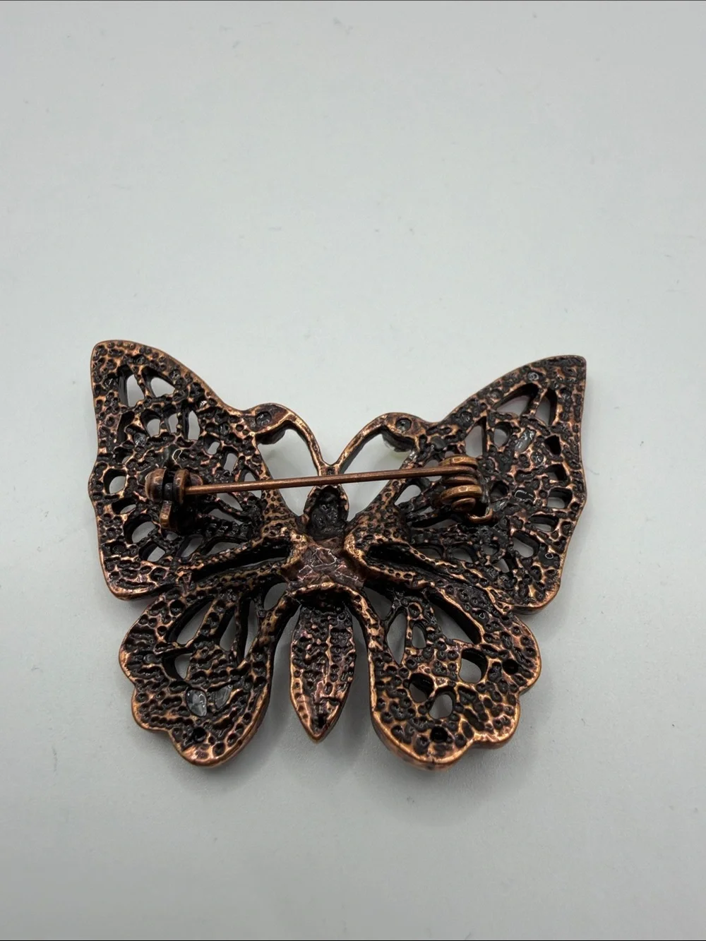 Vintage Style Butterfly Brooch Pink AB Rhinestones Antiqued Copper Tone